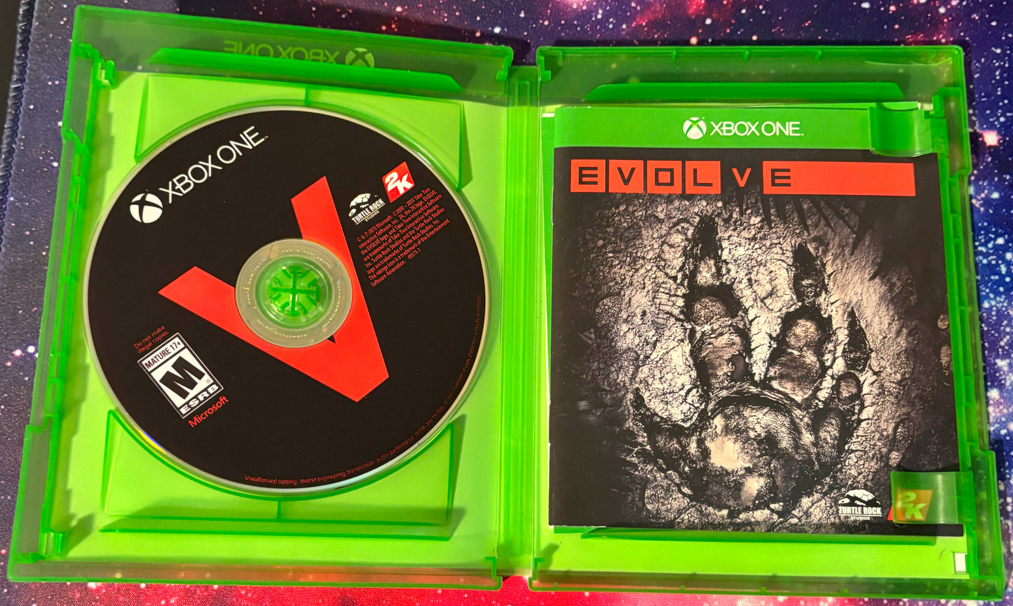 Xbox One game disc and case for 'Evolve' on a starry background