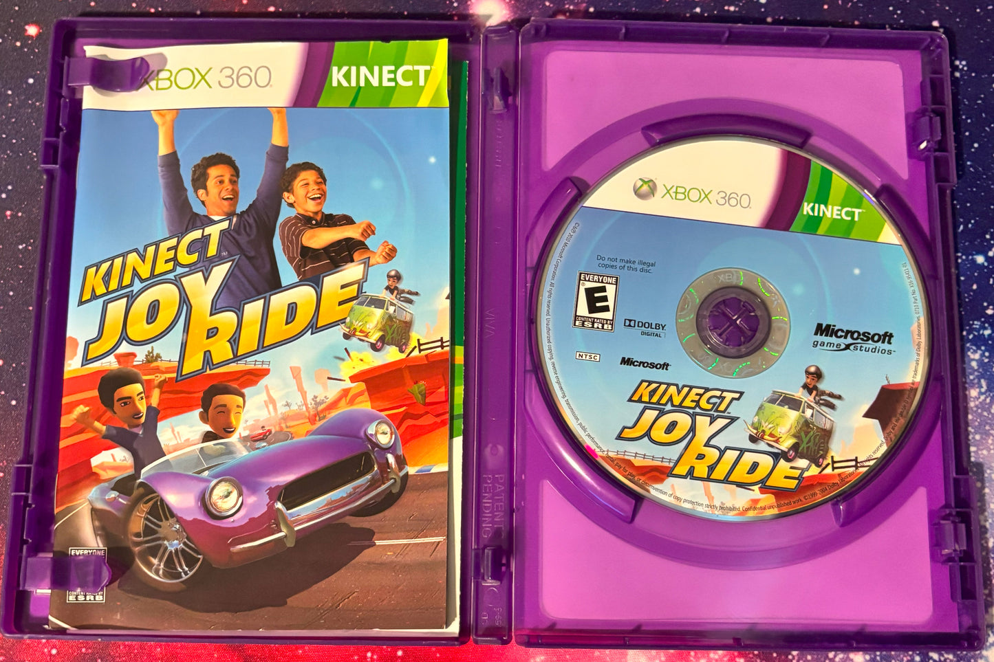 Xbox 360 Kinect Joy Ride game case and disc on a purple background