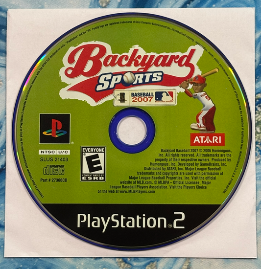 Backyard Sports Baseball 2007 game disc for PlayStation 2 on a textured surface