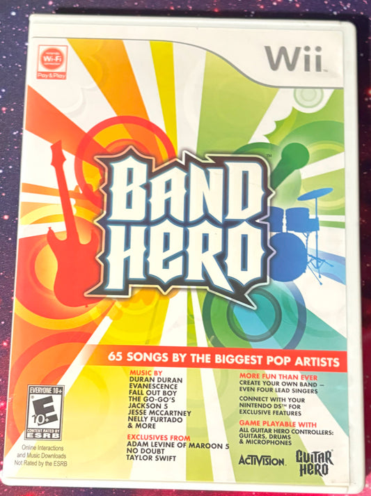 Wii game console cover for 'Band Hero' with colorful design and text.