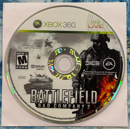 Game disc for 'Battlefield: Bad Company 2' on Xbox 360 with game cover and branding.
