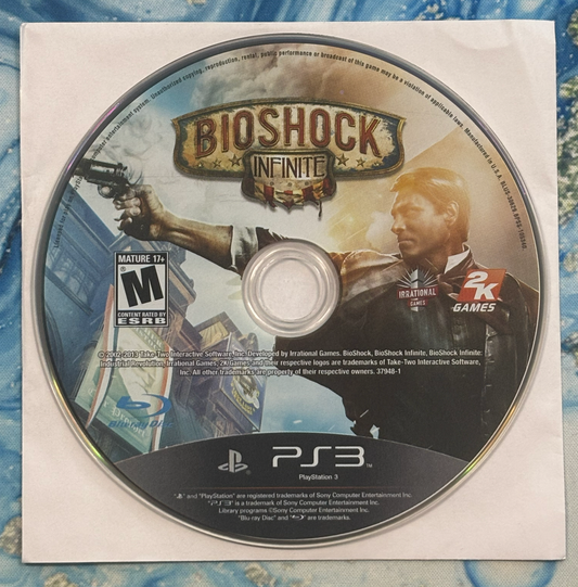 Game disc for 'BioShock Infinite' on a PlayStation 3 console, featuring the game's cover art.
