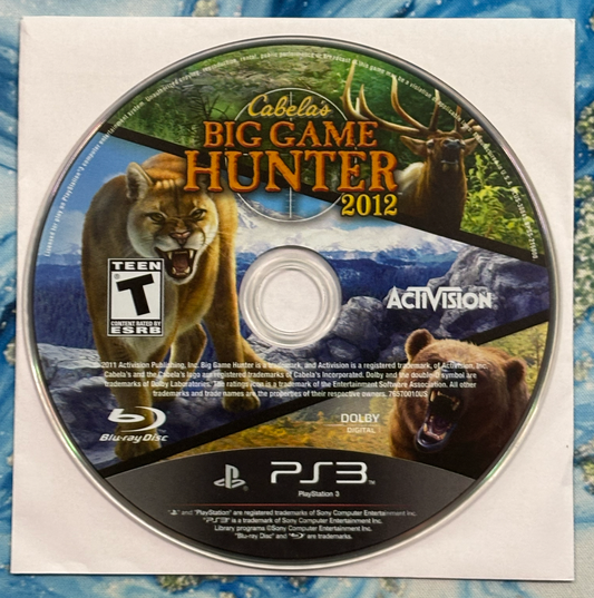 Cabela's Big Game Hunter 2012 game disc with cover on a textured surface