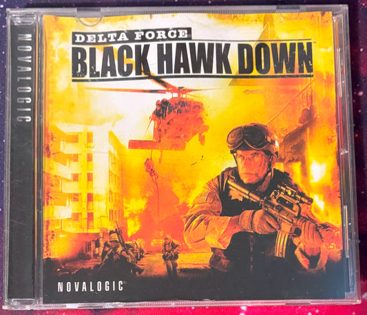 Video game case for 'Black Hawk Down' by Delta Force with a soldier holding a gun on a fiery background.
