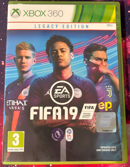 FIFA 19 game case for Xbox 360 Legacy Edition with three players on the cover.