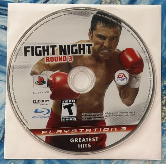PlayStation 3 game disc for 'Fight Night Round 3' with a boxer on the cover.