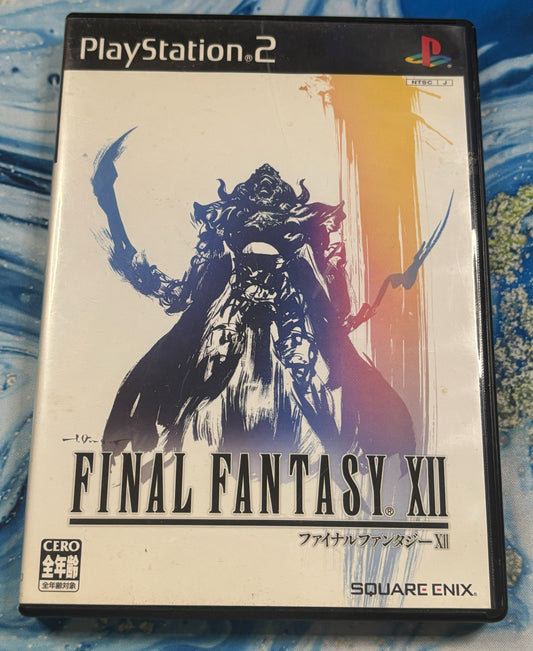 A physical PlayStation 2 game case for Final Fantasy XII, featuring the game's cover art with a dark fantasy warrior silhouette against a cream, orange, and blue painted background. Visible brands include PlayStation and Square Enix.