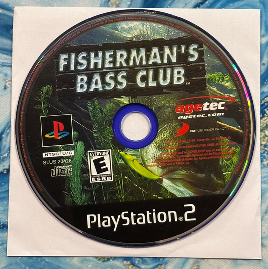 PlayStation 2 game disc for 'Fisherman's Bass Club' on a textured surface