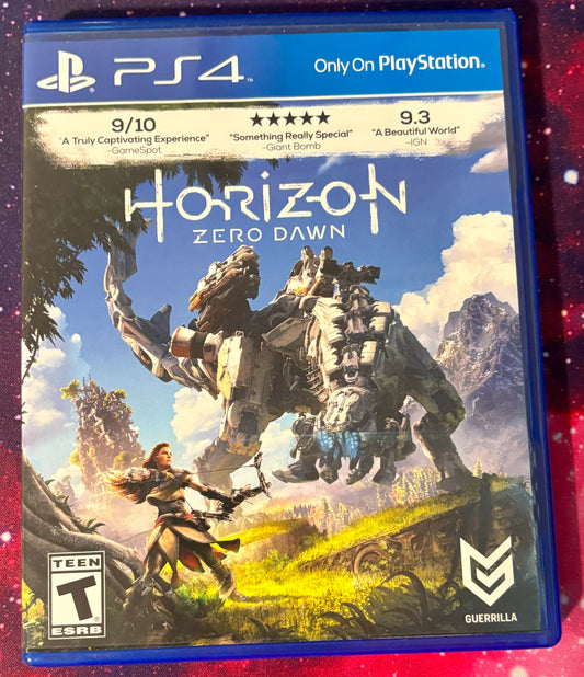 PlayStation 4 game case for 'Horizon Zero Dawn' with rating and artwork on a red background