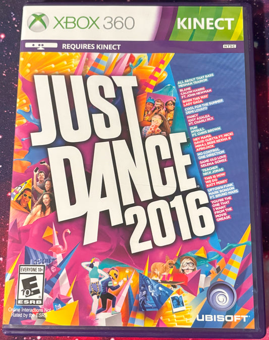 Just Dance 2016 game cover for Xbox 360 Kinect on a colorful background