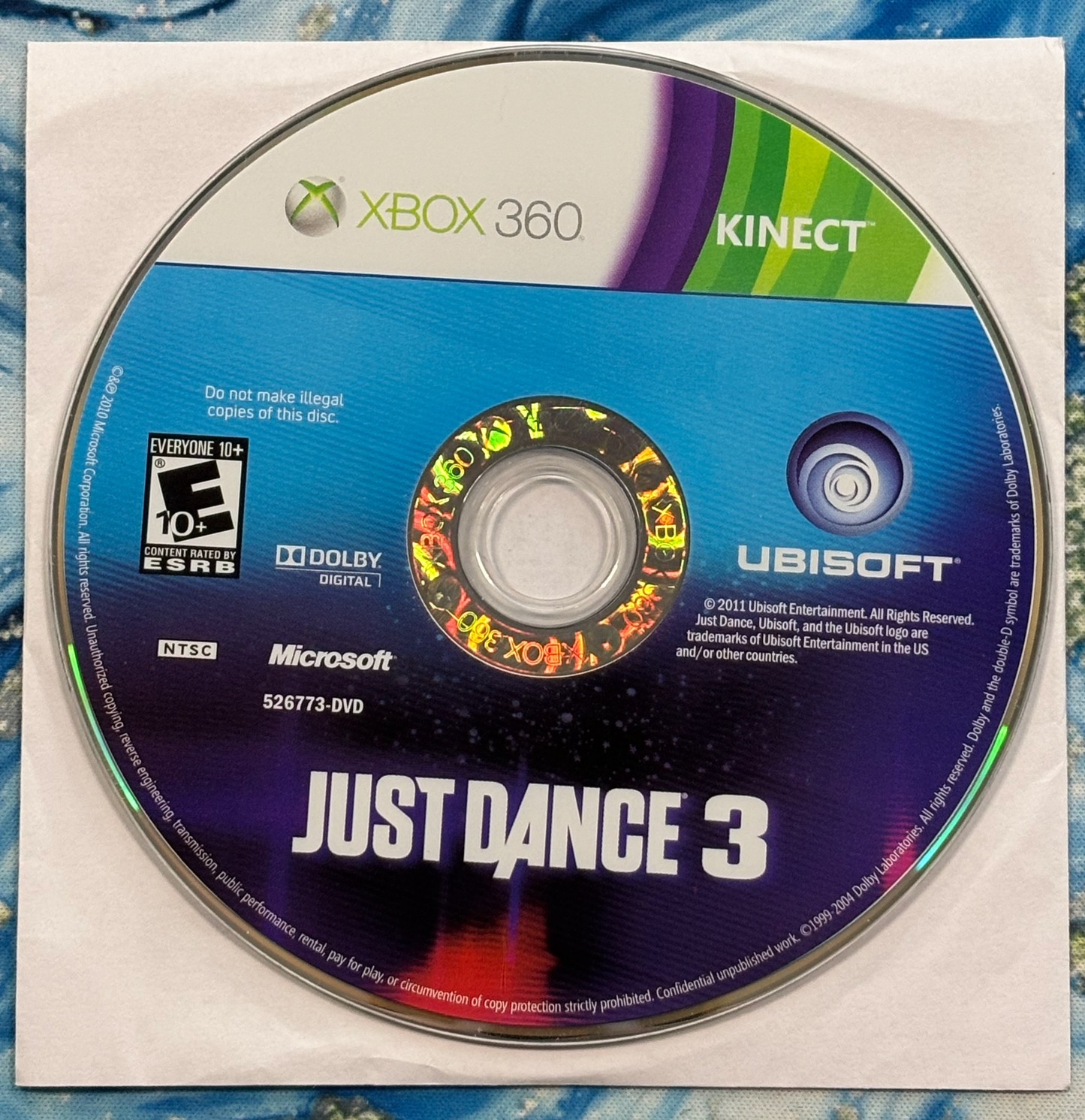 Just Dance 3 game disc for Xbox 360 Kinect on a white background