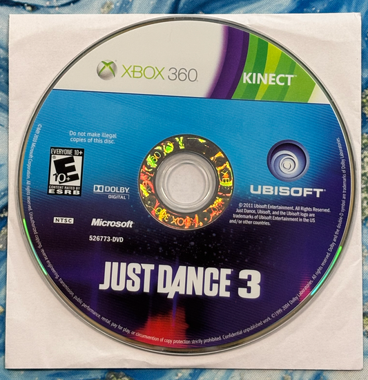 Just Dance 3 game disc for Xbox 360 Kinect on a white background