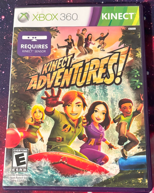 Xbox 360 Kinect Adventures game cover with characters and 'Kinect' branding.