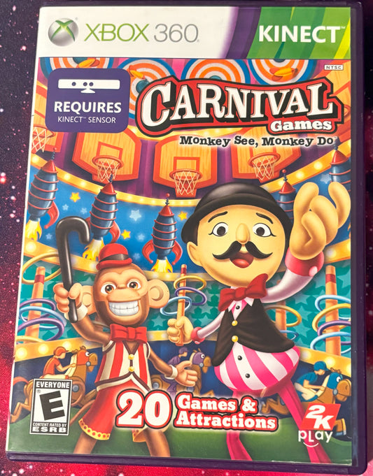Xbox 360 game case for 'Carnival Games' with monkey characters on a colorful background