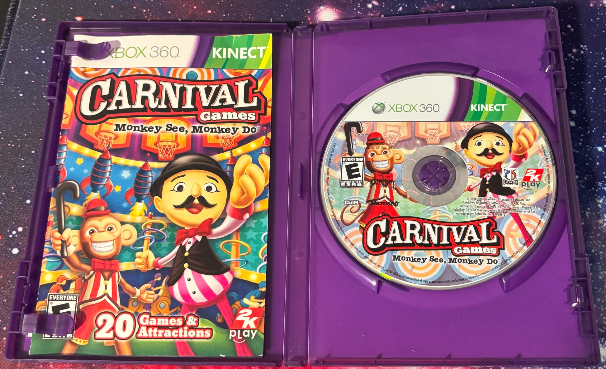 Xbox 360 Kinect 'Carnival Games' game case and disc on a purple background