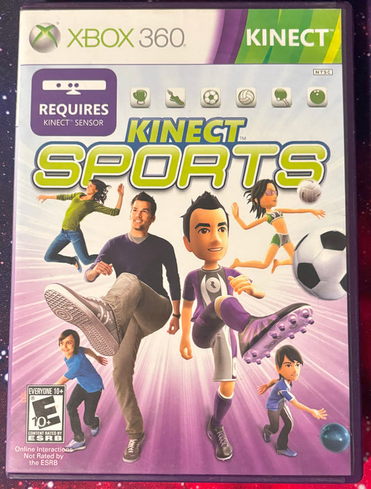 Xbox 360 Kinect Sports game cover with characters and sports equipment.