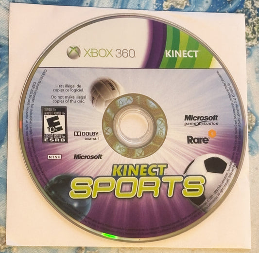 Xbox 360 Kinect Sports disc with Microsoft and Rare logos on a textured surface