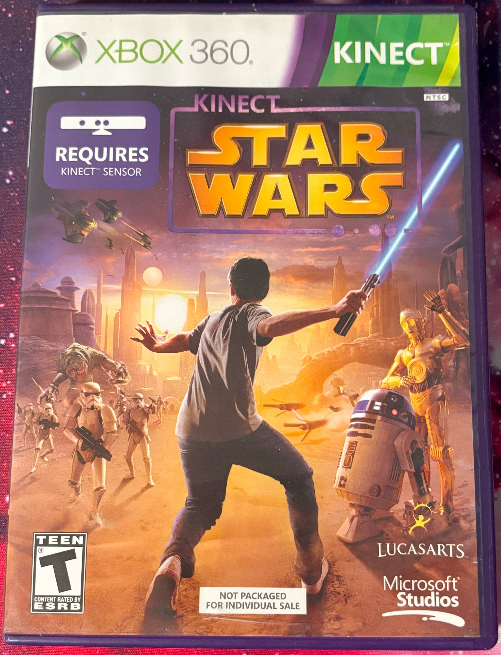 Xbox 360 Kinect Star Wars game box with character and droids on a purple background