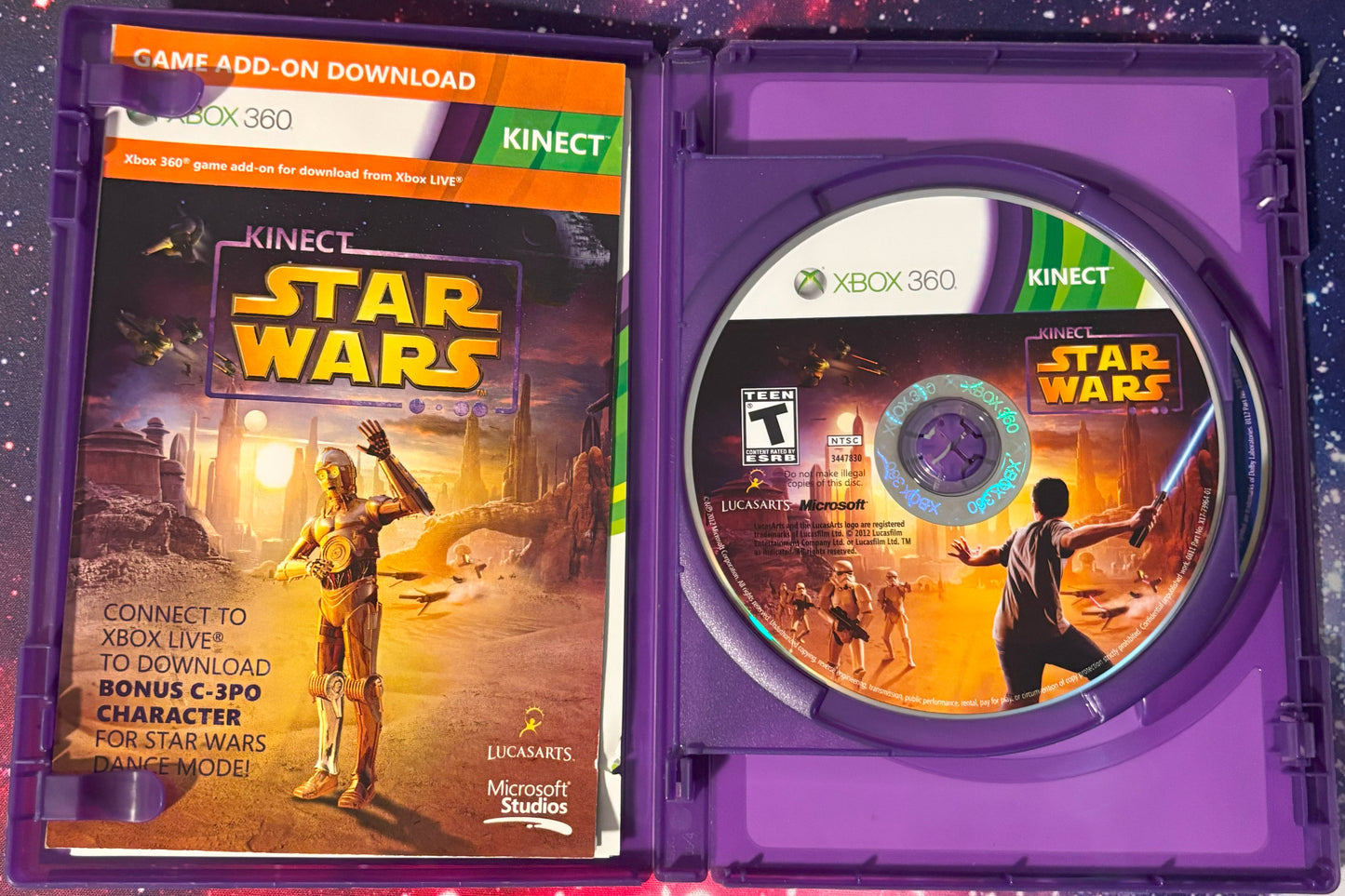 Xbox 360 Kinect Star Wars game disc and packaging on a purple background