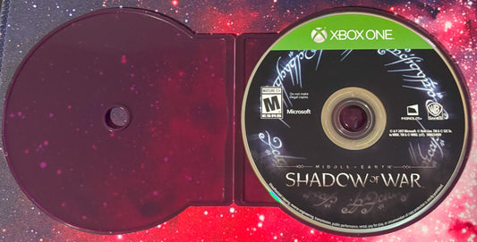 Xbox One game disc for 'Middle-earth: Shadow of War' in a red case.