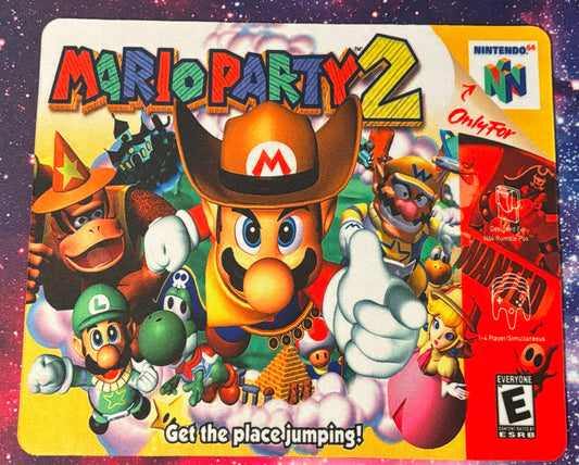 Game cartridge cover for 'Mario Party 2' featuring characters and colorful design.