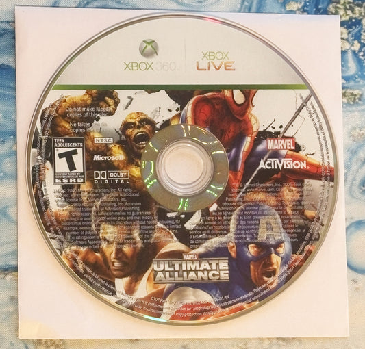Game disc for 'Marvel Ultimate Alliance' on an Xbox console with Marvel and Activision logos.