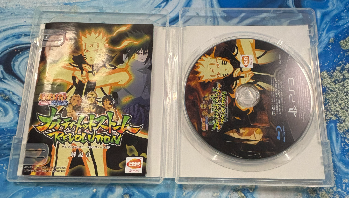 Naruto Shippuden: Ultimate Ninja Storm 4 video game for PlayStation 3, shown in its original plastic case with the game cover on the left and the game disc on the right, placed on a blue patterned surface.