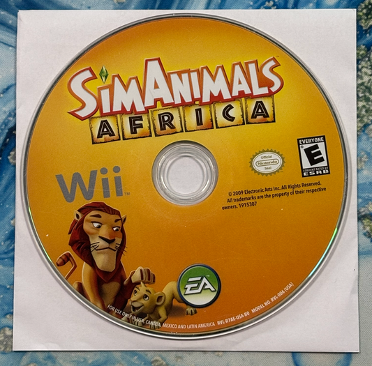 SimAnimals Africa Wii game disc with EA logo on a textured surface
