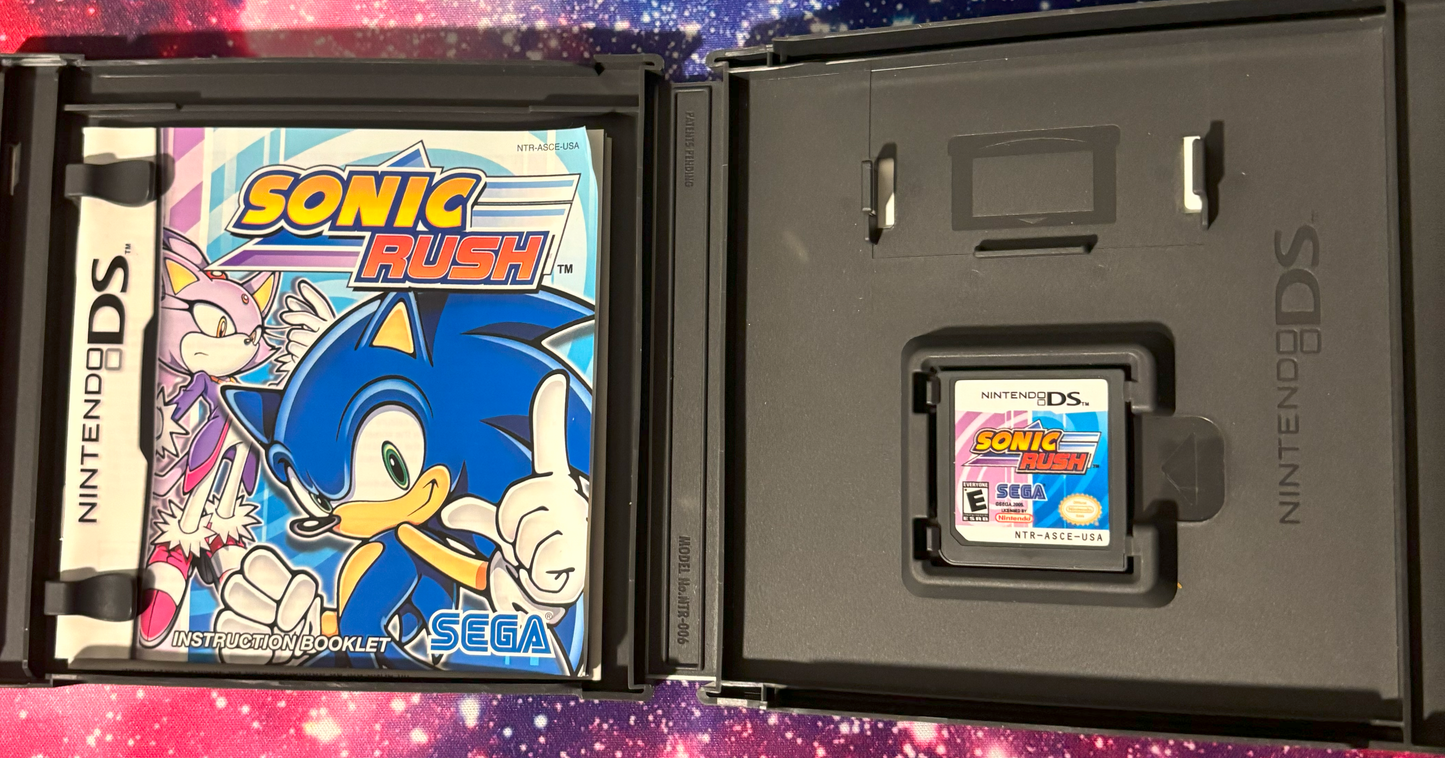 Sonic Rush game cartridge in a Nintendo DS case on a colorful background