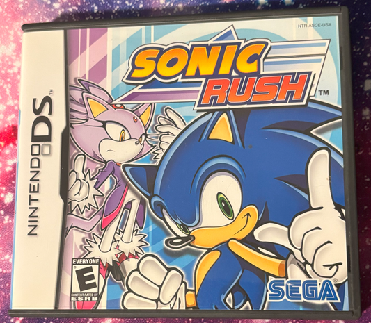 Sonic Rush game case for Nintendo DS with Sonic the Hedgehog and a purple fox character on a colorful background.