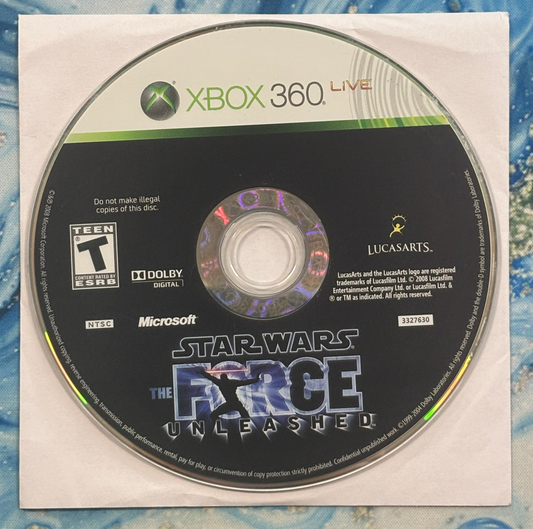Xbox 360 game disc for 'Star Wars: The Force Unleashed' on a white background