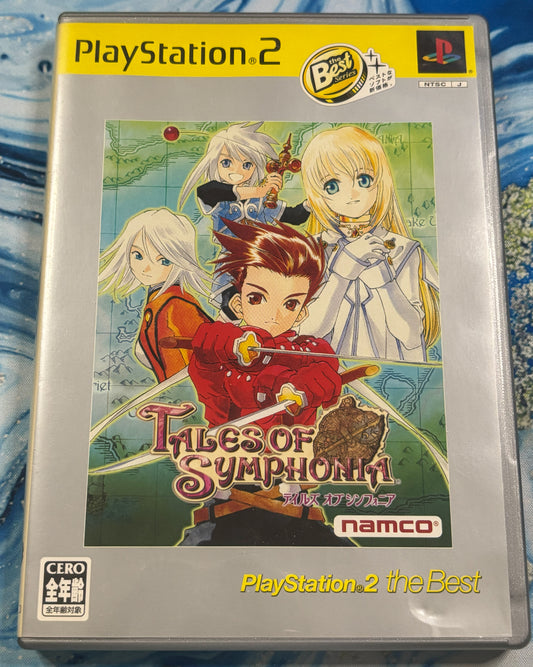 Tales of Symphonia for Xbox 365 / PlayStation 2 game case, featuring anime characters from the game on the front cover, with PlayStation 2 branding and Namco logos visible.