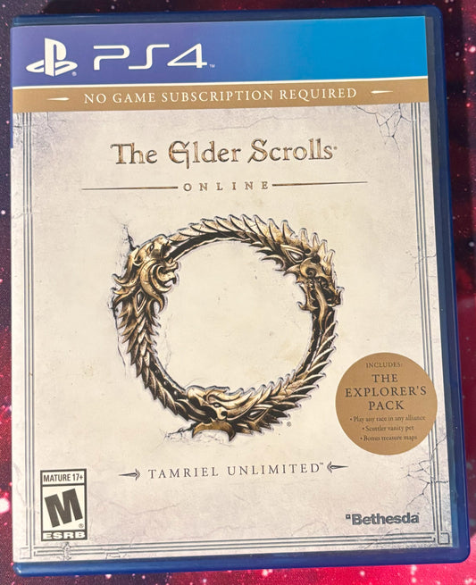 PlayStation 4 game case for 'The Elder Scrolls Online' with Bethesda logo.