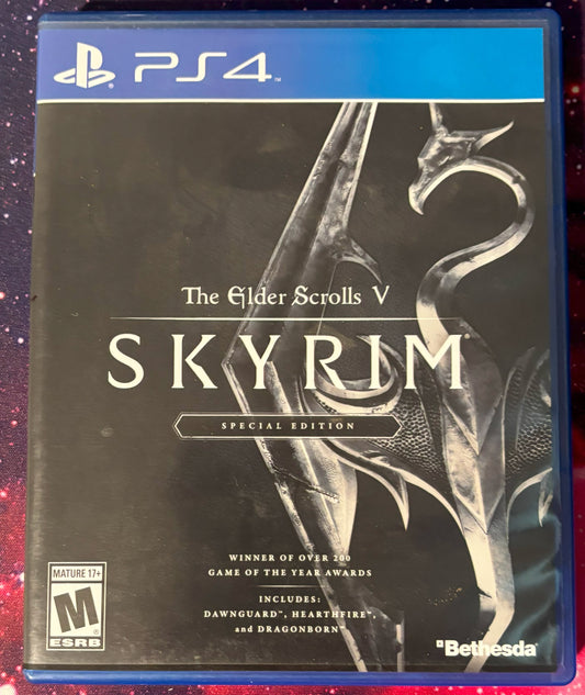 PS4 game case for 'The Elder Scrolls V: Skyrim' Special Edition on a colorful background