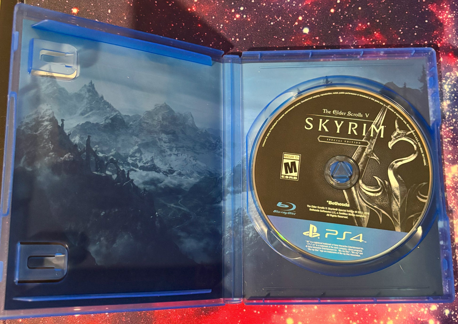 PlayStation 4 game disc in 'Skyrim' case with mountain graphic