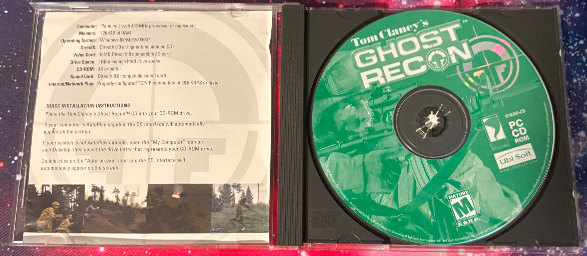 Tom Clancy's Ghost Recon CD with case and insert on a red background