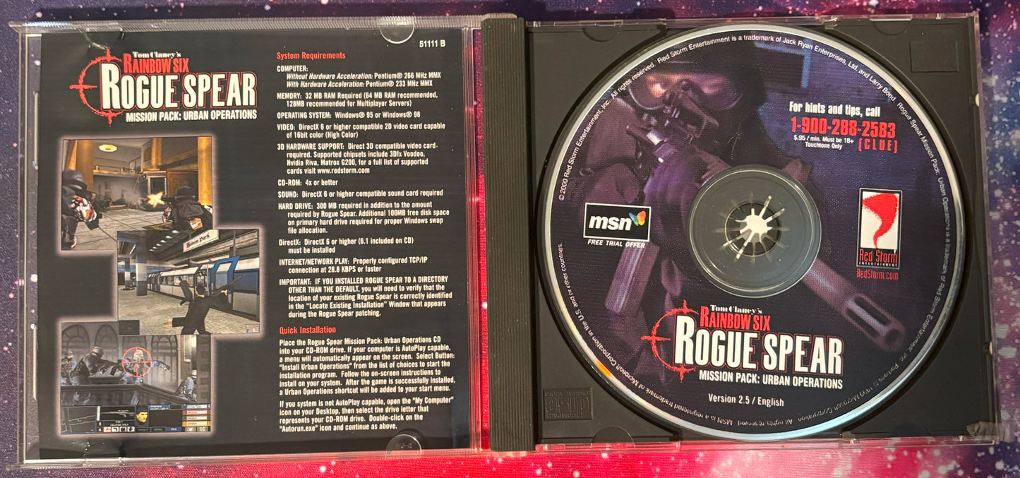 Video game disc and case for 'Rogue Spear' on a red and black background